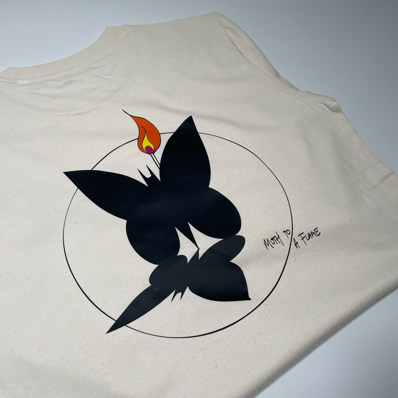Natural colour printed t-shirt with moth logo and design