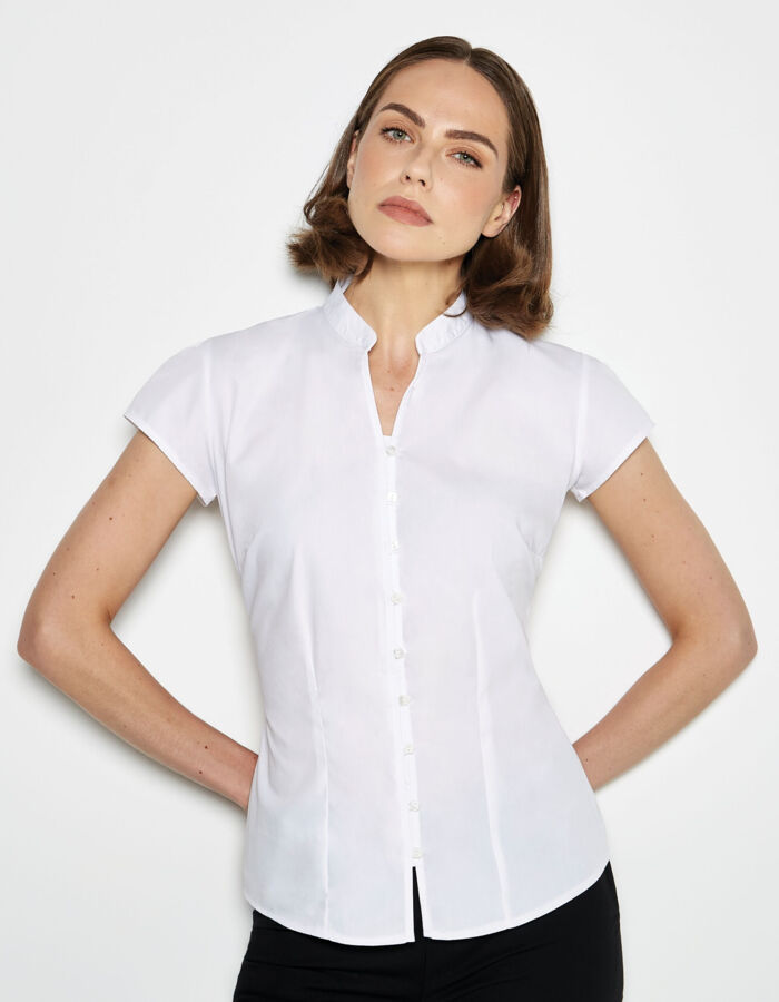 Kustom Kit Tailored Fit Cap Sleeve Mandarin Collar Blouse KK727 Tailored Fit Cap Sleeve Mandarin Collar Blouse Thumbnail